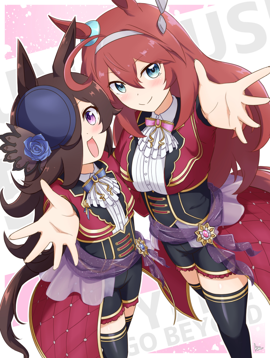 2girls animal_ears arm_around_waist artist_name ascot black_hair black_shorts black_thighhighs blue_bow blue_bowtie blue_flower blue_headwear blue_rose bow bowtie brown_hair closed_mouth coat commentary dress_shirt ear_ornament english_text flower grey_hairband hair_ornament hair_over_one_eye hairband hat hat_flower highres horse_ears horse_girl horse_tail kimukimu long_hair long_sleeves looking_at_viewer mihono_bourbon_(umamusume) multiple_girls notes_of_grandeur_(umamusume) open_mouth pink_bow pink_bowtie purple_eyes reaching reaching_towards_viewer red_coat rice_shower_(umamusume) rose shirt shorts side-by-side signature smile standing tail text_background thighhighs tilted_headwear umamusume underbust white_ascot white_shirt wing_collar