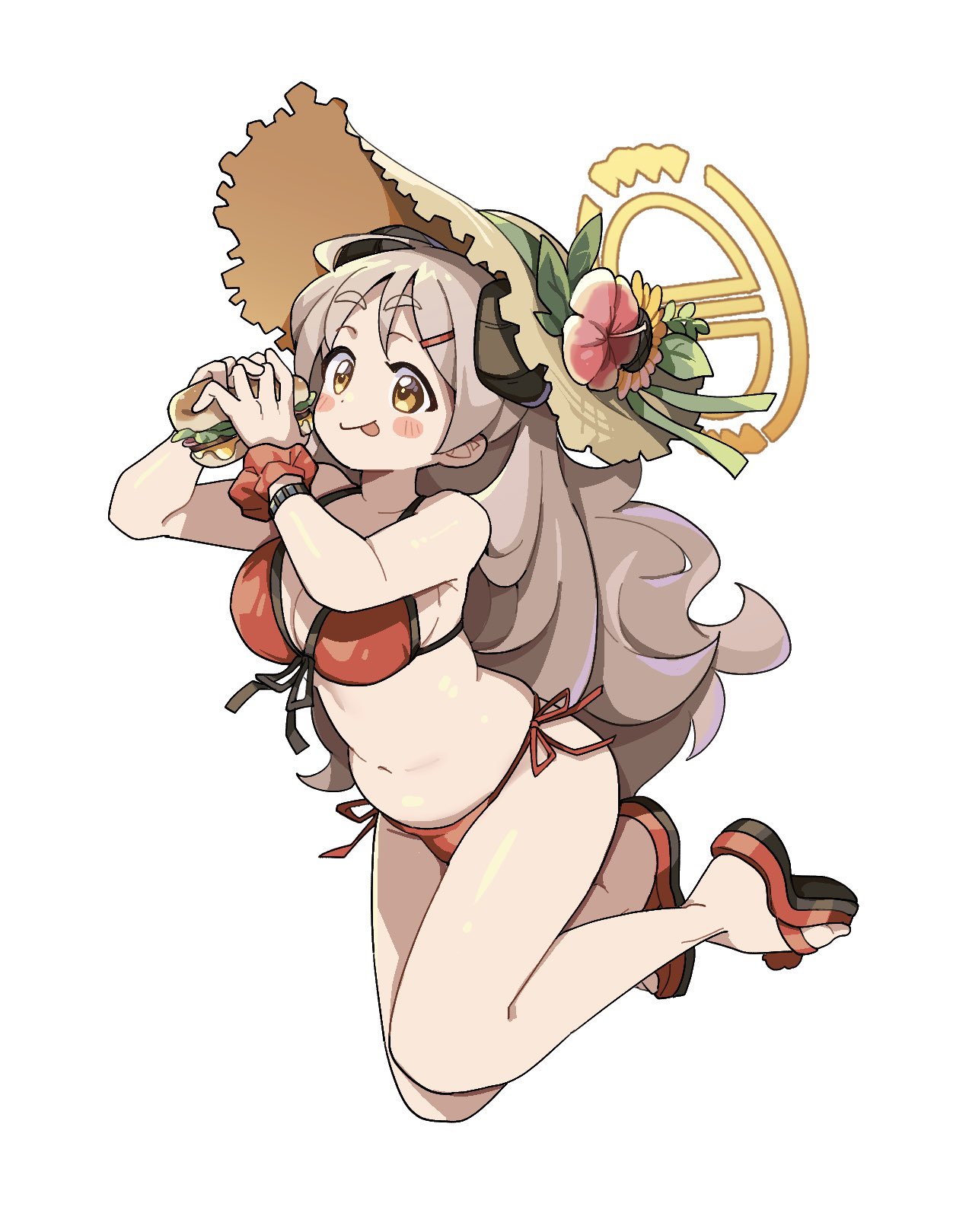 :p belly bikini blue_archive blush_stickers bracelet breasts brown_hair burger curly_hair dot_nose floating flower food hair_ornament hairpin halo hands_up hat hat_flower highres holding horns izumi_(blue_archive) izumi_(swimsuit)_(blue_archive) jewelry large_breasts long_hair navel plump red_bikini red_footwear sandals scrunchie side-tie_bikini_bottom simple_background skindentation smile straw_hat swimsuit syumi080 tareme tongue tongue_out white_background wrist_scrunchie yellow_eyes