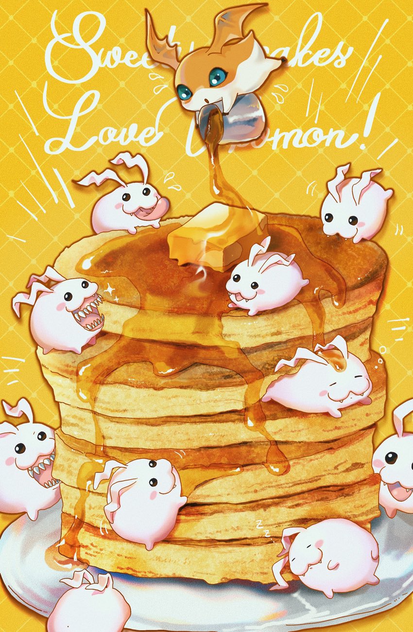 bandai_namco beady_eyes blue_eyes butter dairy_products digimon digimon_(species) feral flying food group hi_res pancake patamon pennenname syrup tokomon