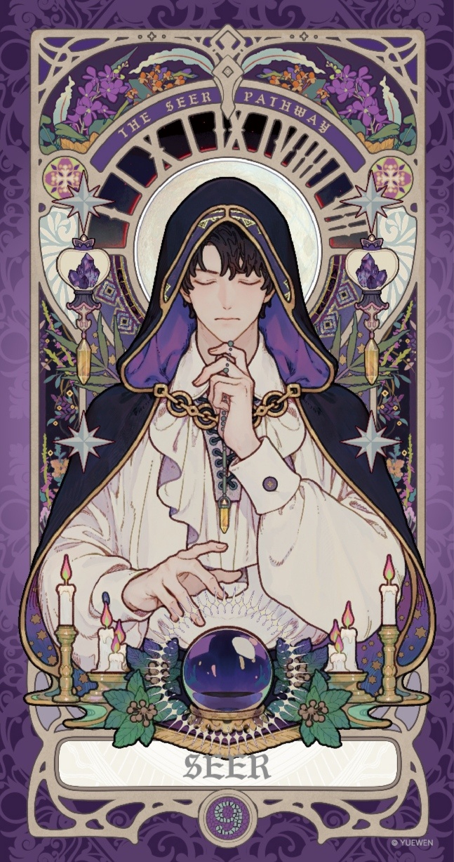 1boy black_cloak black_hair candle candlelight candlestand chinese_commentary cloak closed_eyes commentary_request crystal english_text facing_viewer fingernails flower highres holding holding_pendulum klein_moretti lord_of_the_mysteries numbered official_art orb shirt short_hair solo star_(symbol) tarot tarot_(medium) white_shirt