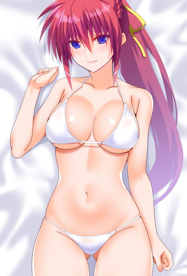 1girl ass_visible_through_thighs bare_shoulders bikini blue_eyes breasts cleavage collarbone engo_(aquawatery) hair_ribbon large_breasts long_hair lying lyrical_nanoha mahou_shoujo_lyrical_nanoha mahou_shoujo_lyrical_nanoha_a's midriff navel on_back pink_hair ponytail ribbon signum solo swimsuit very_long_hair white_bikini yellow_ribbon