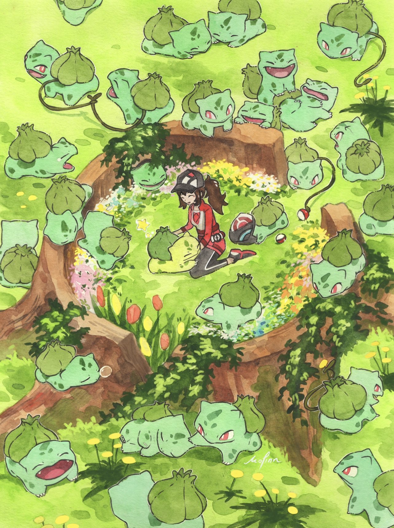 1girl baseball_cap brown_hair bulbasaur closed_eyes closed_mouth day flower hat highres kneeling long_hair mofinngram nose_bubble open_mouth outdoors painting_(medium) petting poke_ball pokemon pokemon_(creature) pokemon_go ponytail red_eyes red_flower red_shirt shirt sleeping smile traditional_media tree_stump tulip watercolor_(medium) yawning yellow_flower