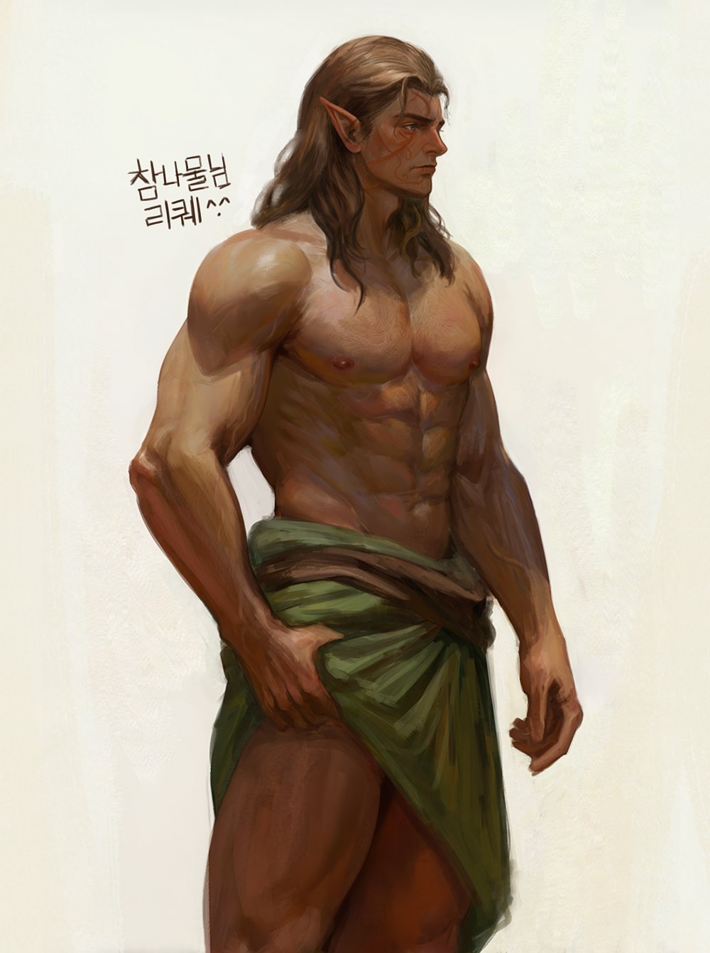 1boy abs baldur's_gate baldur's_gate_3 bara brown_hair cowboy_shot dark-skinned_male dark_skin dungeons_and_dragons elf feet_out_of_frame halsin highres korean_text looking_ahead male_focus mature_male medium_hair muscular muscular_male pectorals pointy_ears profile solo sparse_chest_hair standing thick_eyebrows thighs topless_male translation_request veins veiny_arms xx_14813