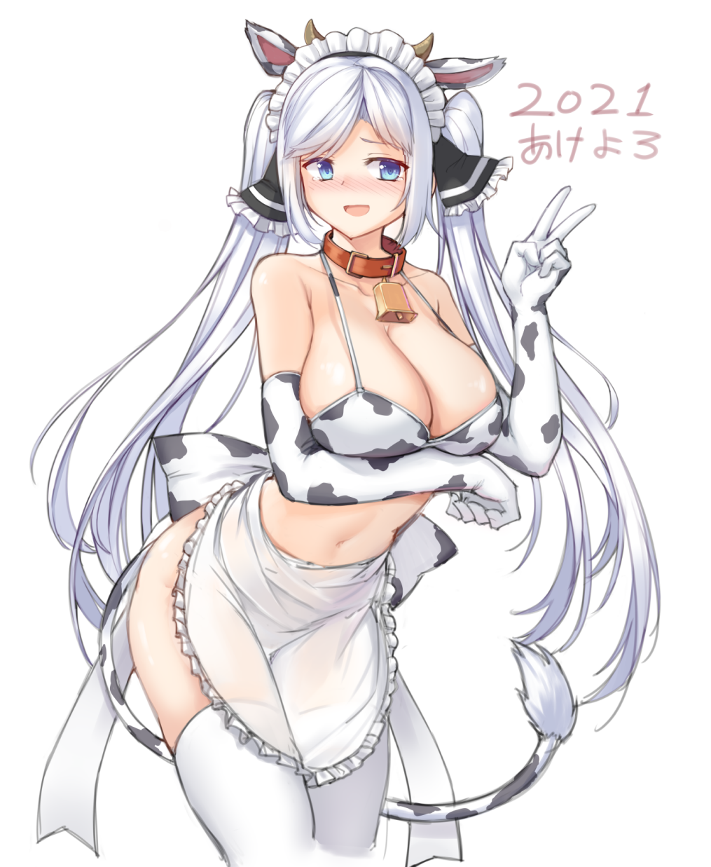 1girl 2021 animal_ears animal_print bell bikini blue_eyes breasts chinese_zodiac cow_ears cow_girl cow_print cow_tail cowbell elbow_gloves gloves highres kuromori_(1010845110) large_breasts long_hair looking_at_viewer maid navel original print_bikini print_gloves simple_background smile solo swimsuit tail thighhighs twintails v very_long_hair white_background white_hair white_legwear year_of_the_ox
