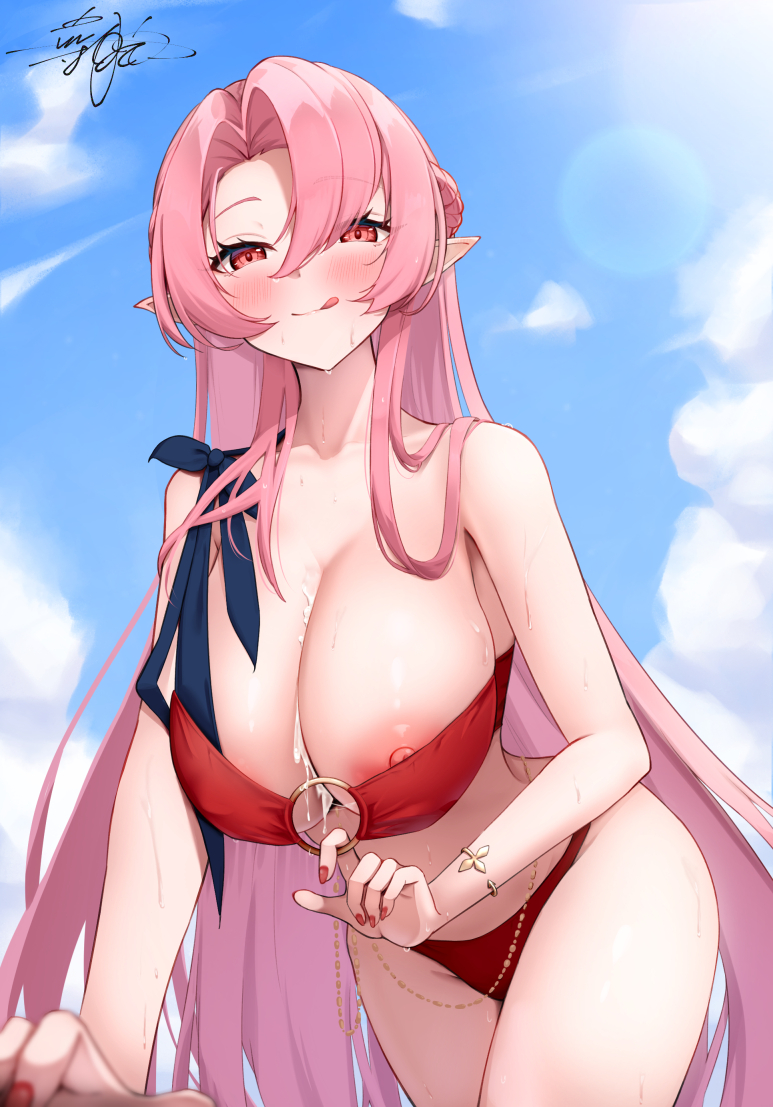 1girl alternate_costume azur_lane bikini bikini_pull blue_sky breasts cleavage clothes_pull covered_nipples cum cum_on_body cum_on_breasts duke_of_york_(azur_lane) large_breasts long_hair looking_at_viewer nail_polish nipple_slip nipples o-ring o-ring_bikini parted_bangs pink_hair pointy_ears pulled_by_self red_bikini red_eyes red_nails shionootsu signature sky swimsuit tongue tongue_out wet
