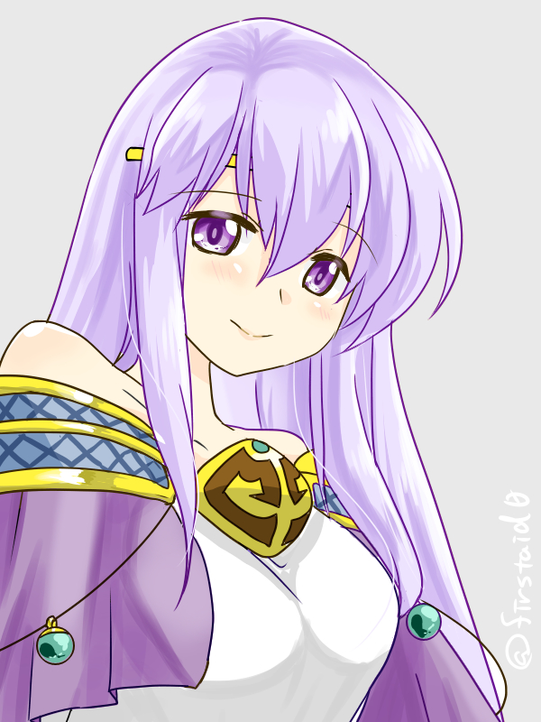 1girl bare_shoulders cape circlet dress fire_emblem fire_emblem:_genealogy_of_the_holy_war julia_(fire_emblem) long_hair looking_at_viewer purple_cape purple_eyes purple_hair simple_background smile solo yukia_(firstaid0)