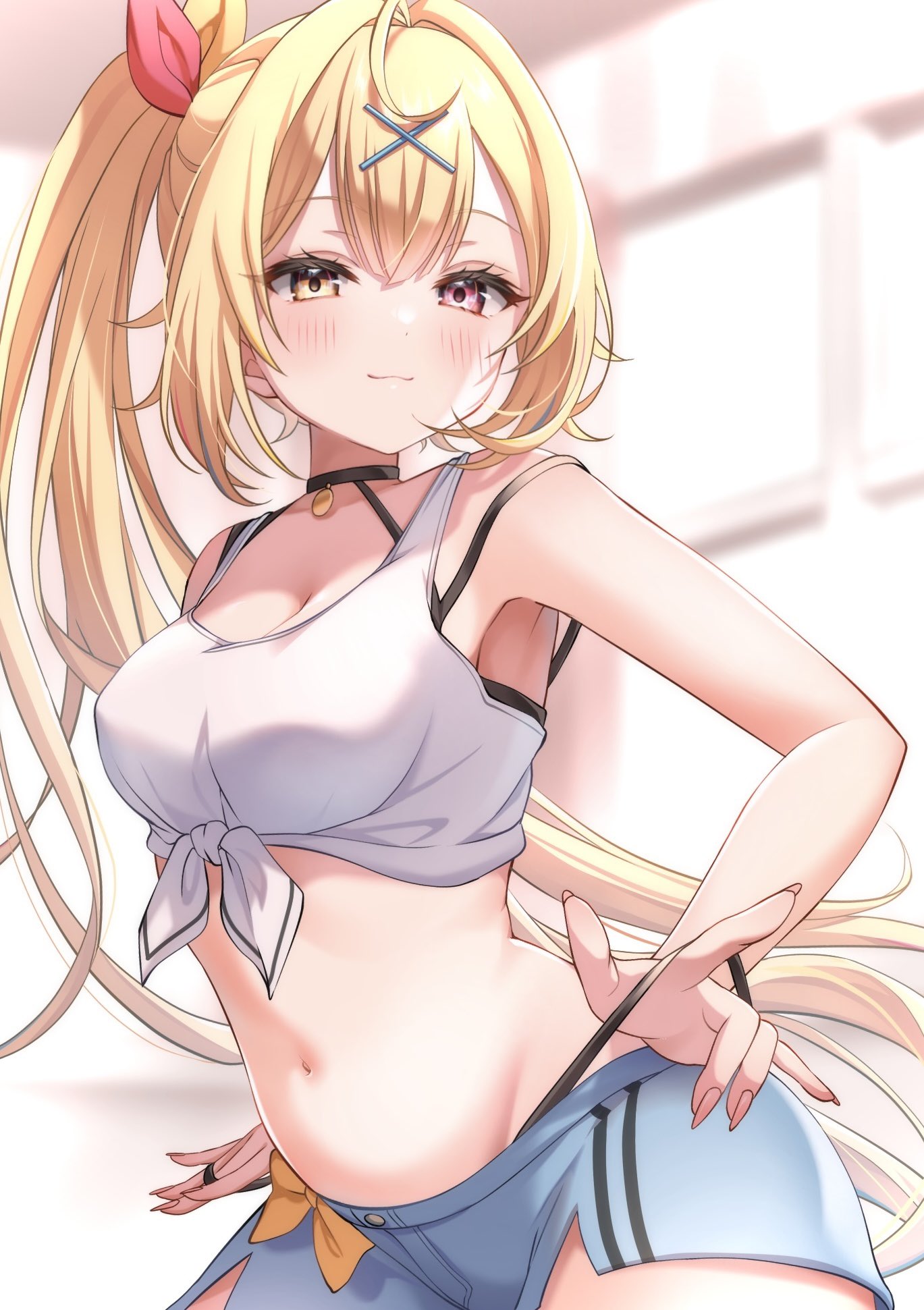 1girl :3 blonde_hair blue_shorts blush breasts cleavage closed_mouth hair_ornament hair_ribbon heterochromia highres hoshikawa_sara hoshikawa_sara_(1st_costume) long_hair looking_at_viewer medium_breasts meme_(mm_ta_mm) navel nijisanji panty_straps red_eyes ribbon shirt shorts side_ponytail smile solo strap_pull tank_top tied_shirt virtual_youtuber white_tank_top x_hair_ornament yellow_eyes