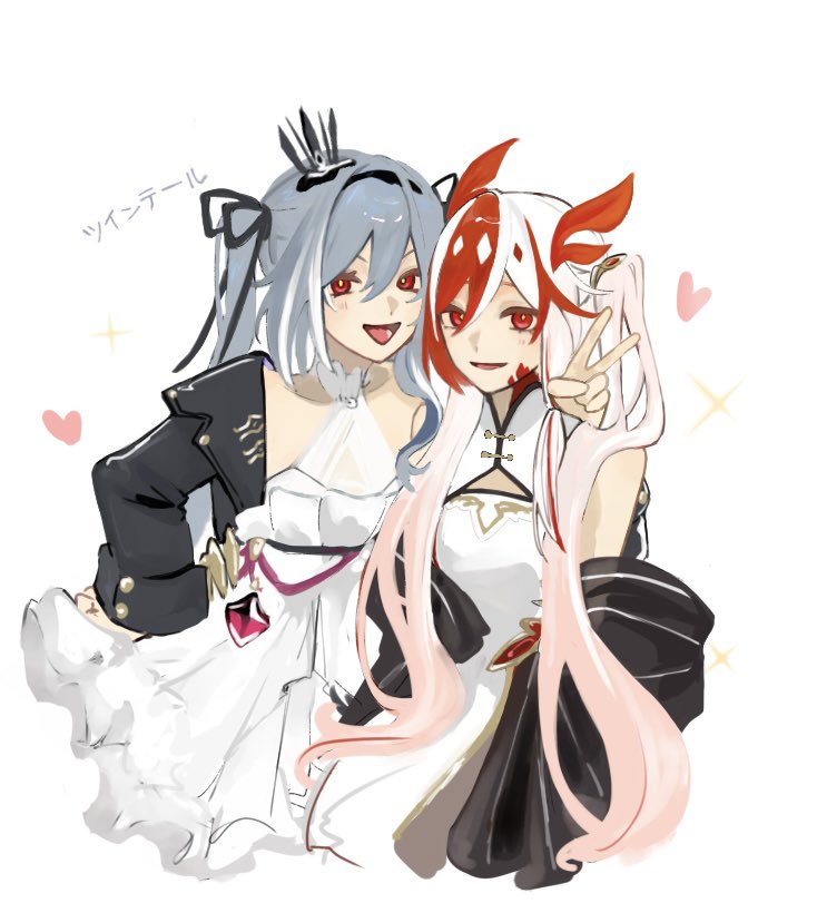 2girls alternate_costume alternate_hairstyle black_jacket black_ribbon breasts china_dress chinese_clothes cleavage_cutout clothing_cutout dress fu_hua fu_hua_(fenghuang_of_vicissitude) fu_hua_(herrscher_of_sentience) fu_hua_(turn_up_the_music!)_(herrscher_of_sentience) gem grey_hair hair_between_eyes hair_ornament hair_ribbon halterneck hand_on_another's_shoulder hand_on_own_hip hand_up happy headpiece heart honkai_(series) honkai_impact_3rd jacket jewelry long_hair looking_at_viewer multicolored_hair multiple_girls official_alternate_costume official_alternate_hairstyle open_clothes open_jacket open_mouth parted_lips pink_gemstone red_eyes red_gemstone red_hair red_scales ribbon sho_2nini simple_background single_off_shoulder small_breasts streaked_hair symbol-shaped_pupils twintails two-tone_hair white_background white_dress white_hair wide_sleeves yellow_pupils