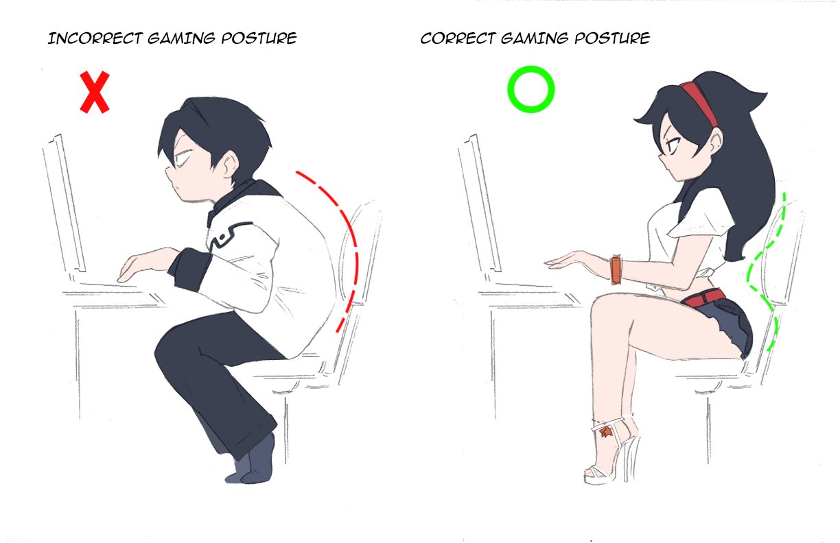 1boy 1girl black_hair chair correct_gaming_posture_(meme) from_side genderswap genderswap_(mtf) hairband high_heels long_hair long_sleeves male_focus meme red_hairband shirt short_hair short_sleeves simple_background sitting t-shirt thedansandoval typing white_shirt