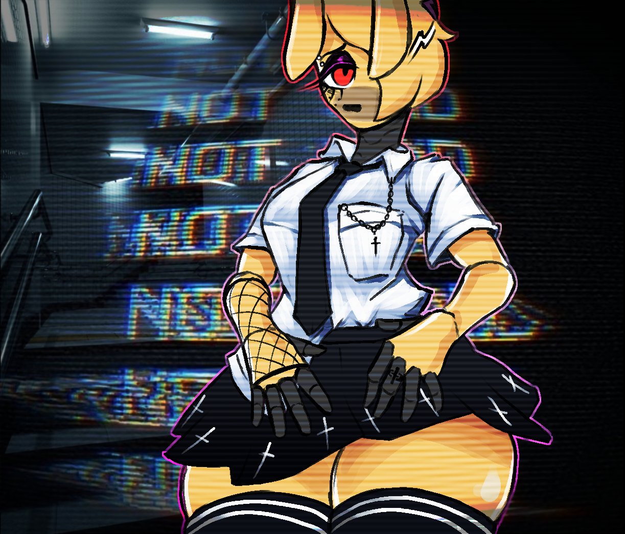 animatronic anthro clothed clothing cross eyeshadow female five_nights_at_freddy's lagomorph leporid machine makeup mammal necktie one_eye_obstructed rabbit red_eyes robot scottgames solo spring_bonnie_(fnaf) stormkinght thick_thighs