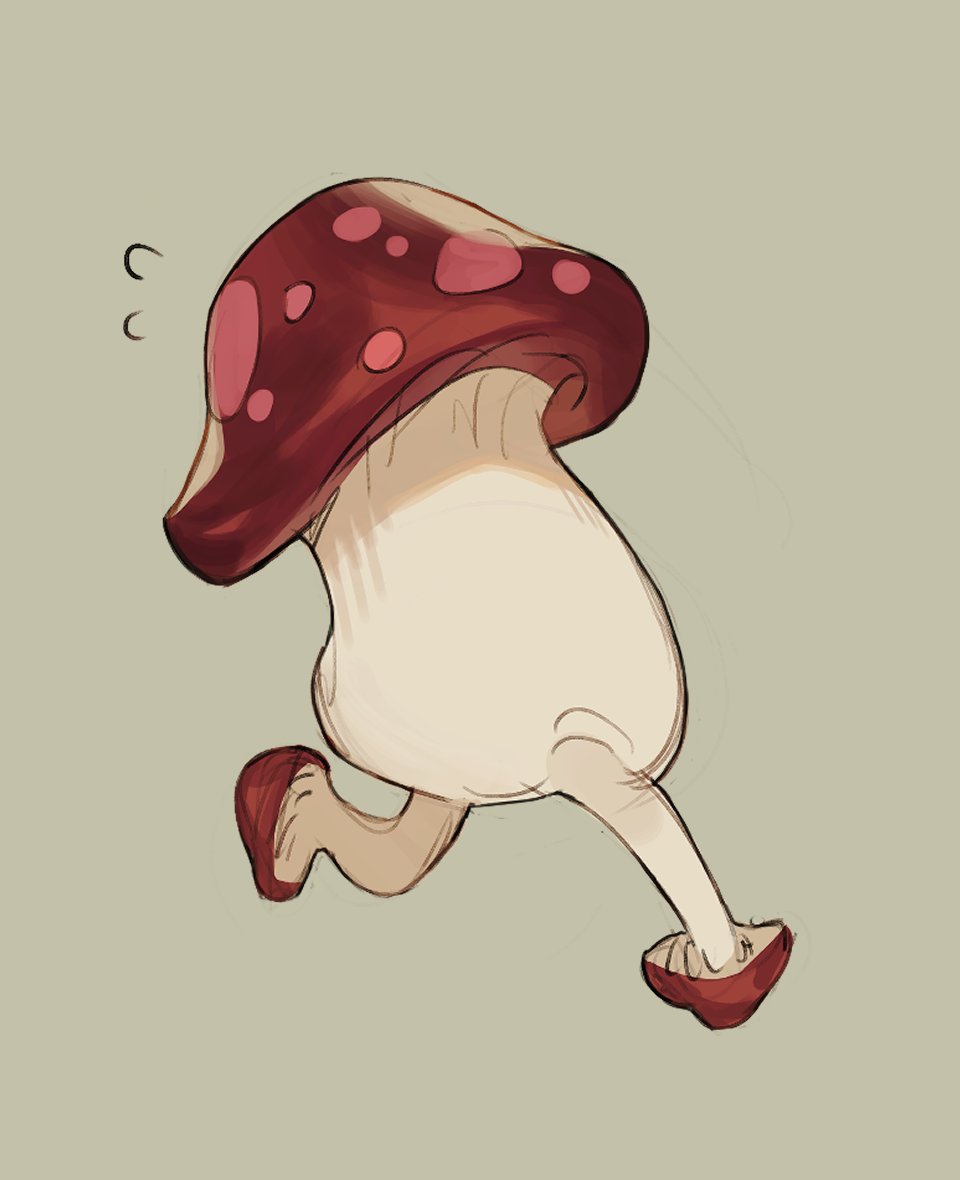 creature dungeon_meshi flying_sweatdrops full_body mushroom no_humans p_(pm_611a) personification running simple_background sketch solo walking