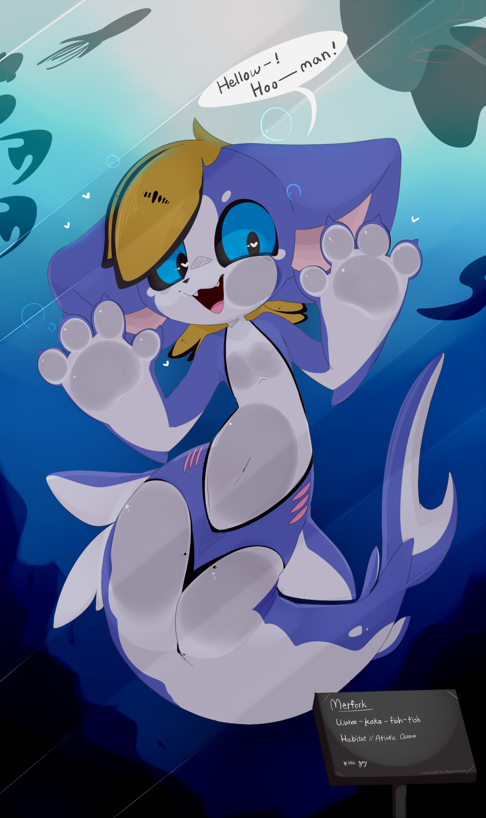 &lt;3 &lt;3_eyes 2022 4_fingers against_surface ambient_sealife ambiguous_gender anthro artist_name black_markings black_nose black_pupils black_sclera blonde_hair blue_body blue_eyes blue_tail bubble character_name cute_fangs detailed_background dialogue domestic_cat english_text exclamation_point exhibit felid feline felis fingers fish front_view gills glistening hair hi_res hybrid light light_beam looking_at_viewer mammal marine markings merfolk multicolored_body multicolored_tail navel on_glass pink_tongue presto_(artist) pupils rock sign silhouette snout solo speech_bubble split_form spots text tongue underwater waroo_(presto) water white_body white_markings white_spots white_tail window