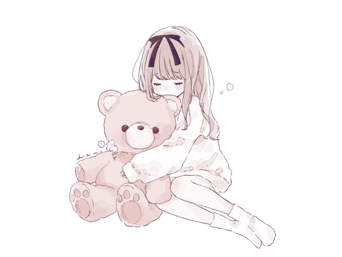 1girl black_ribbon blush brown_hair closed_eyes full_body hair_ribbon hugging_object kotono_n0 long_hair long_sleeves original ribbon signature simple_background sitting sleeves_past_wrists socks solo stuffed_animal stuffed_toy sweater teddy_bear white_background white_socks white_sweater