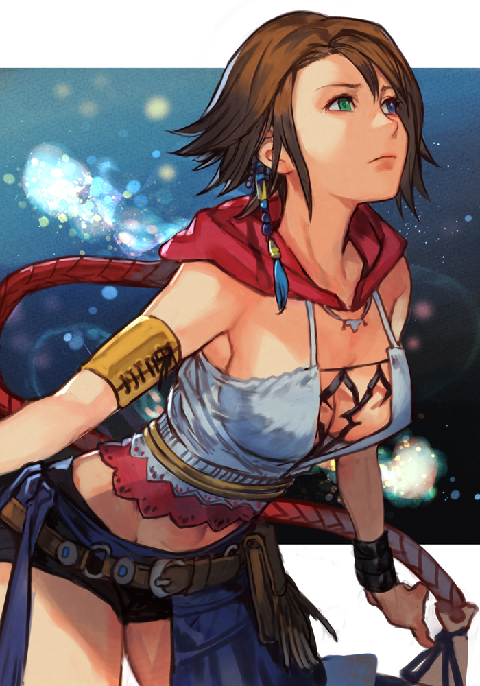 1girl armband bare_shoulders blue_eyes border breasts brown_hair cleavage final_fantasy final_fantasy_x final_fantasy_x-2 green_eyes gun hair_ornament heterochromia hood hoodie hungry_clicker large_breasts looking_up midriff navel short_hair short_shorts shorts sideboob simple_background solo weapon white_border yuna_(ff10)