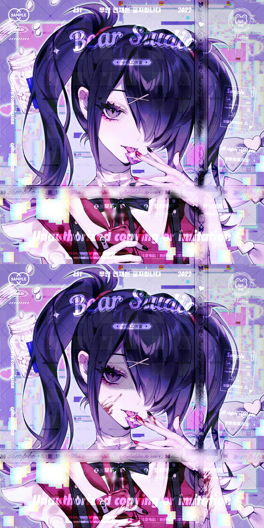 1girl aegyo_sal ame-chan_(needy_girl_overdose) black_hair black_nails black_ribbon blood blood_on_face blood_on_hands closed_mouth hair_ornament hair_over_one_eye hand_up highres holding holding_phone licking long_hair looking_at_viewer lsd nail_polish neck_ribbon needy_girl_overdose phone pill pill_bottle purple_eyes red_nails red_shirt ribbon sample_watermark shaded_face shirt shuixiaozi smile solo suspenders tongue tongue_out twintails upper_body watermark x_hair_ornament