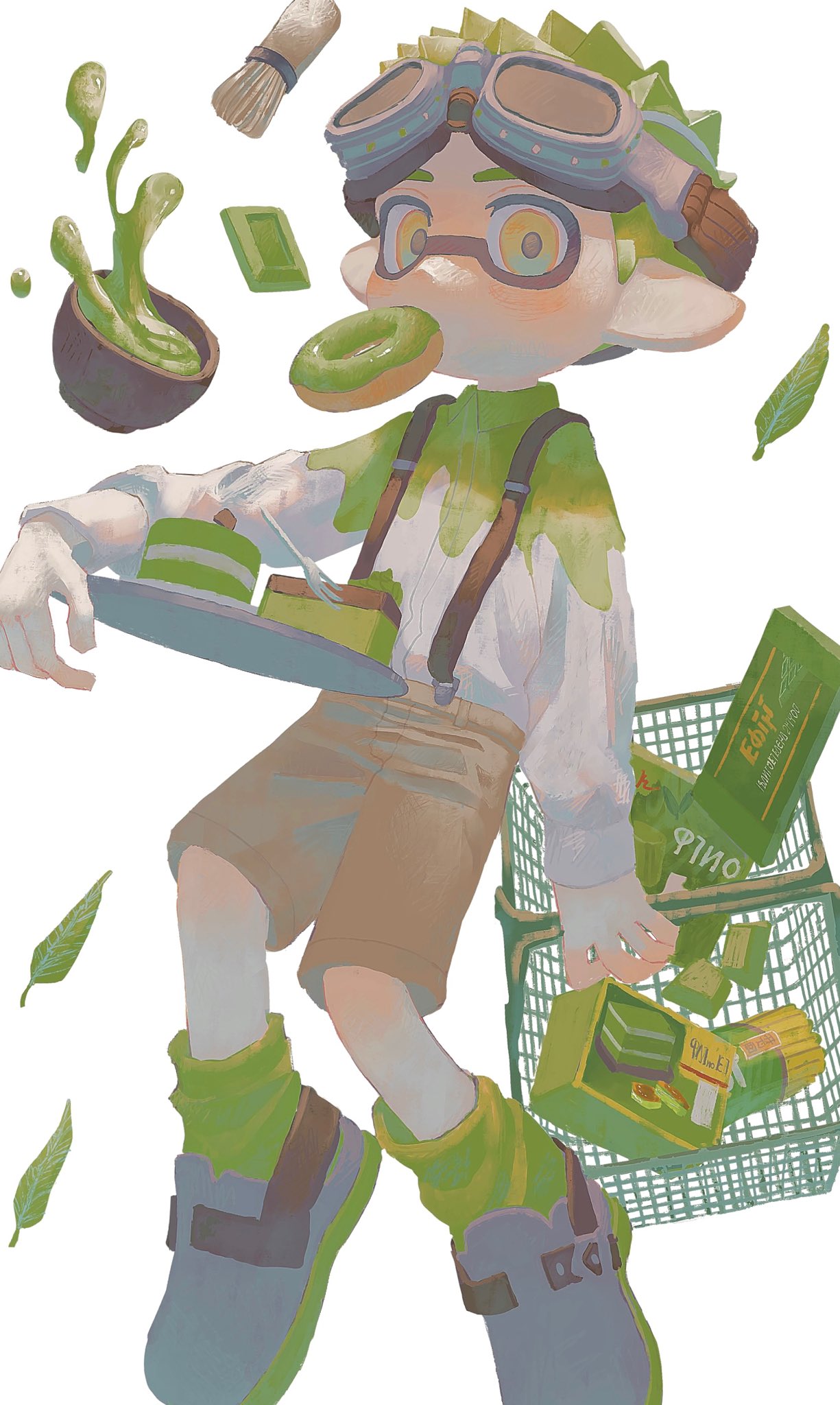 1boy blush brown_shorts cake cake_slice chocolate collared_shirt commentary_request doughnut falling_leaves food food_in_mouth fork goggles goggles_on_head green_eyes green_hair green_shirt green_socks highres inkling inkling_boy inkling_player_character leaf male_focus matcha_(food) mouth_hold pastry_box plate pointy_ears shirt shopping_basket short_hair shorts socks solo spiked_hair splatoon_(series) suspenders tentacle_hair tiripow two-tone_eyes two-tone_shirt white_background white_shirt yellow_eyes