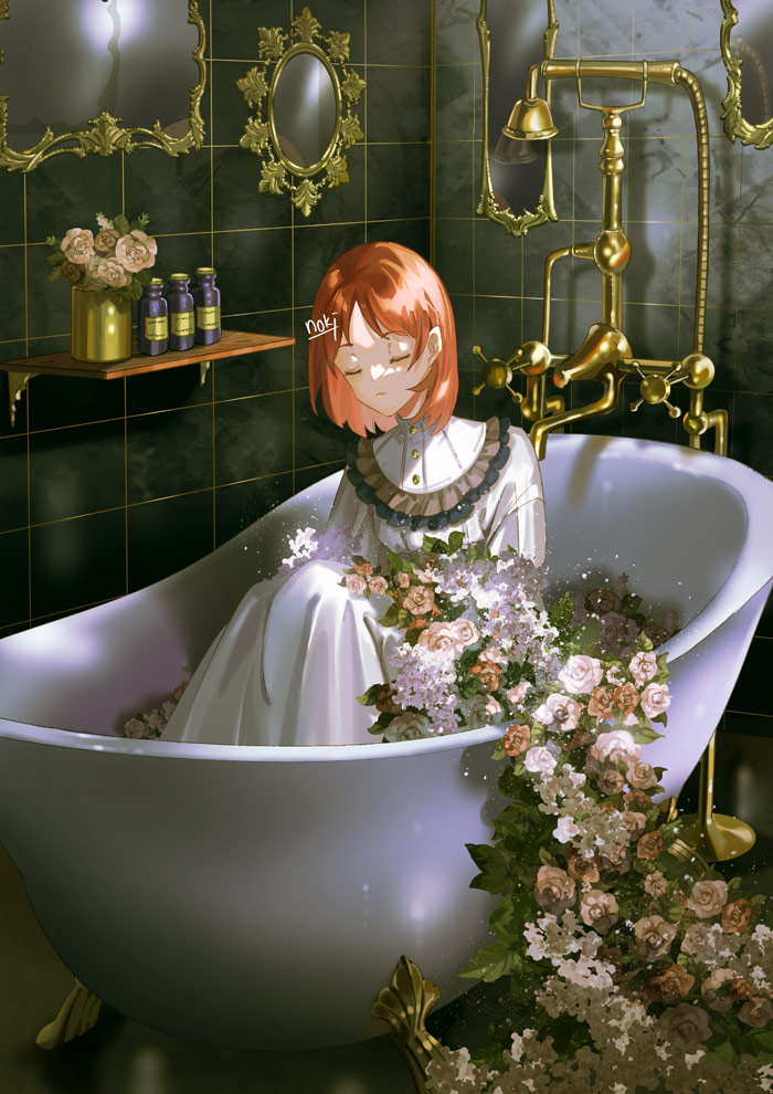 1girl artist_name bath bathing bathroom bathtub claw_foot_bathtub closed_eyes dress flower frills hair_ornament hairclip indoors knees_up long_sleeves medium_hair mirror noki_(affabile) orange_hair original pink_flower pink_rose rose short_hair signature sitting soap_bottle solo tile_wall tiles white_dress white_flower