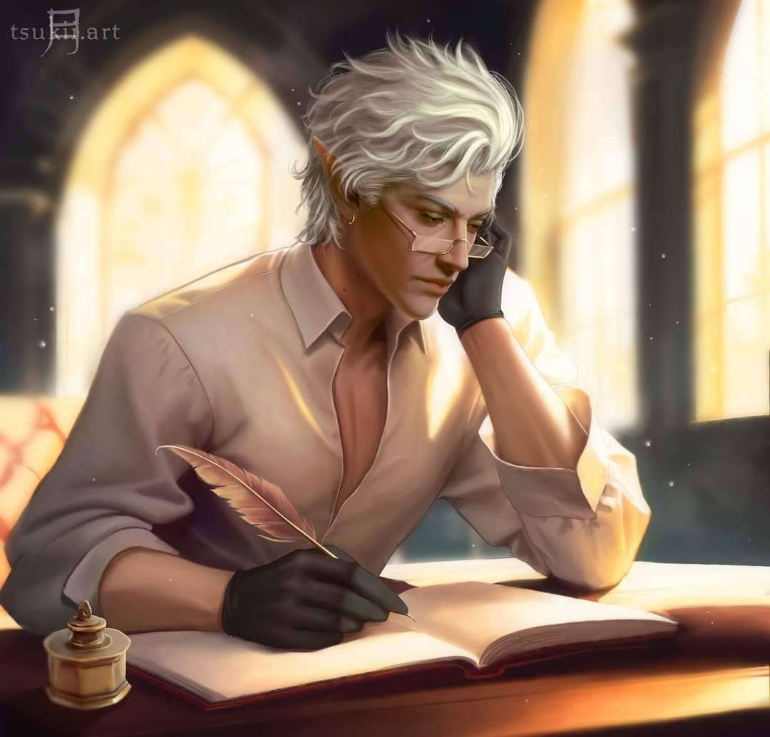 1boy astarion baldur's_gate baldur's_gate_3 black_gloves blurry blurry_background book closed_mouth commission curly_hair dungeons_and_dragons earrings elf glasses gloves head_rest holding holding_quill indoors jewelry looking_down male_focus open_book pointy_ears quill shirt sitting sunlight table tsukiartm white_hair white_shirt