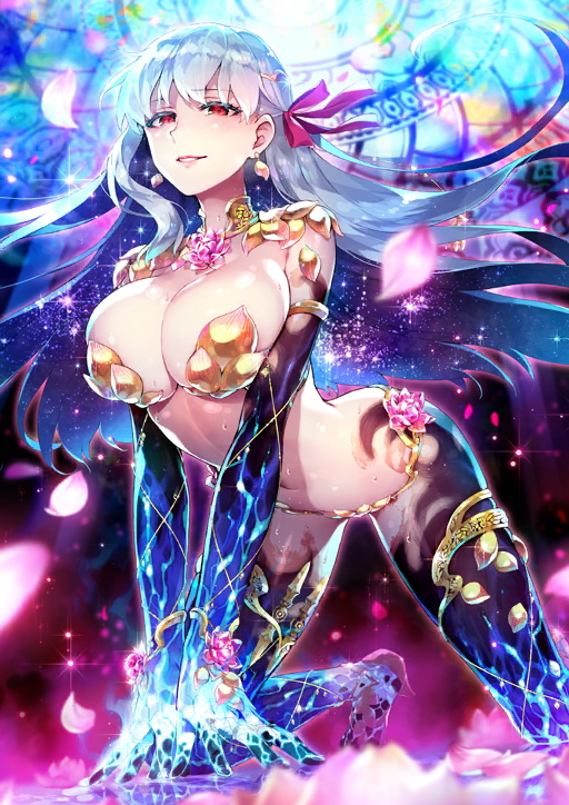 1girl armor bare_hips bikini_armor breasts earrings fate/grand_order fate_(series) floating_hair foot_out_of_frame gradient_skin hair_ribbon jewelry kama_(fate) kama_(third_ascension)_(fate) large_breasts long_hair looking_at_viewer official_art red_eyes redrop ribbon smile solo very_long_hair wide_hips