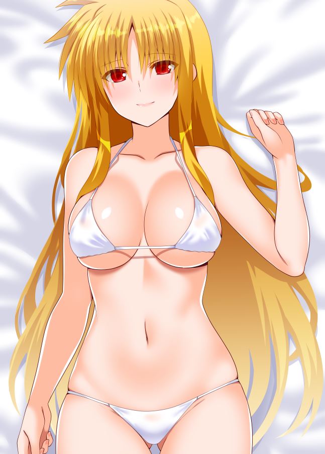 1girl ass_visible_through_thighs bare_shoulders bikini blonde_hair blush breasts cleavage collarbone commentary_request engo_(aquawatery) fate_testarossa large_breasts long_hair looking_at_viewer lying lyrical_nanoha mahou_shoujo_lyrical_nanoha_strikers midriff navel on_back red_eyes smile solo swimsuit very_long_hair white_bikini