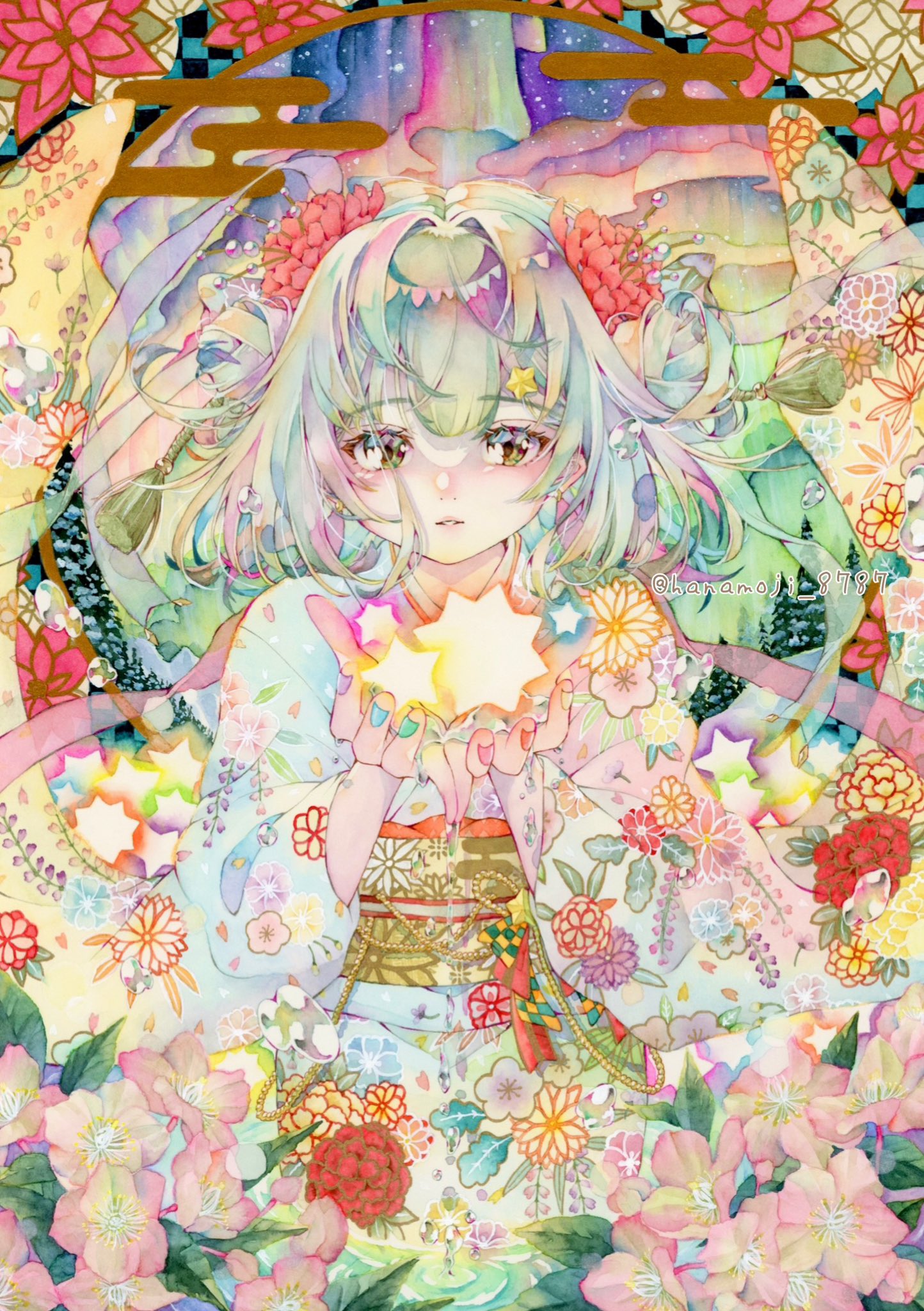 1girl blue_kimono blush colorful floral_print floral_print_kimono flower green_eyes green_hair green_sash hair_flower hair_ornament hanamoji highres japanese_clothes kimono leaf long_sleeves looking_at_viewer multicolored_background multicolored_hair multicolored_nails obi original parted_lips pink_flower purple_hair sash solo star_(symbol) straight-on tassel traditional_media twitter_username two-tone_hair