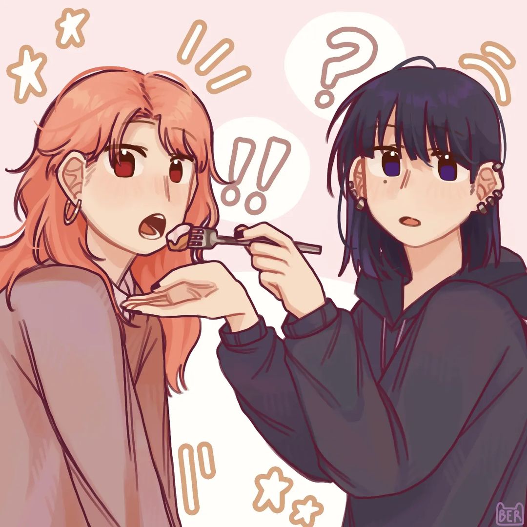 ! !! 2girls :o ? artist_logo black_hair black_hoodie black_nails blue_eyes brown_hair commentary ear_piercing earrings english_commentary feeding fork grey.bear hands_up holding holding_fork hood hood_down hoodie hoop_earrings jewelry kininatteru_hito_ga_otoko_ja_nakatta koga_mitsuki long_hair looking_at_viewer medium_hair mole mole_under_eye multiple_girls oosawa_aya orange_hair piercing raised_eyebrows star_(symbol) surprised sweater upper_body