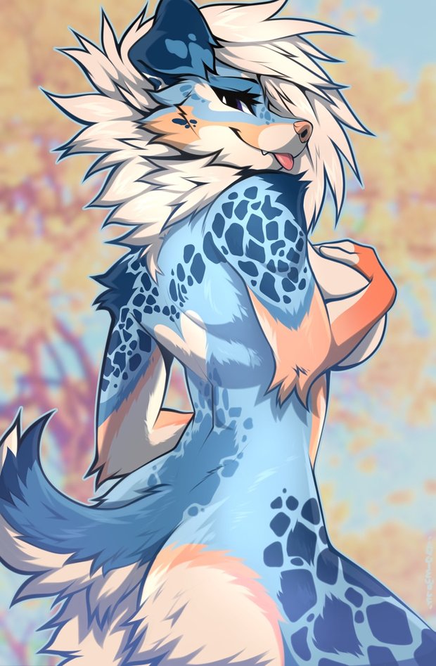 2022 angiewolf anthro blep blue_body blurred_background breasts butt canid canine canis cleavage clothed clothing domestic_dog female floppy_ears mammal plant solo tongue tongue_out tree