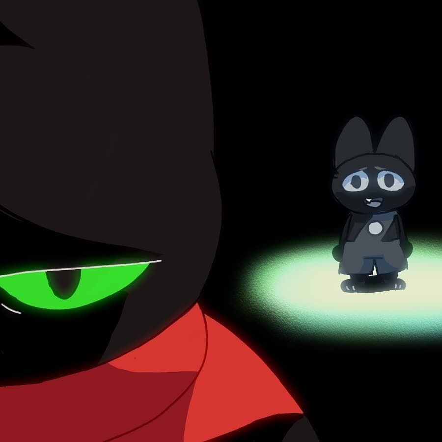 anthro big_eyes black_background black_body black_eyes black_fur cape cartoon_network child clothed clothing crows_feet depressing depression domestic_cat fangs felid feline felis fur green_sclera light looking_at_another male mammal mao_mao:_heroes_of_pure_heart melancholic neon_genesis_evangelion overalls overalls_only parody pupils sad sheriff_mao_mao_mao simple_background slit_pupils solo spotlight standing tired tribute unknown_artist upset young