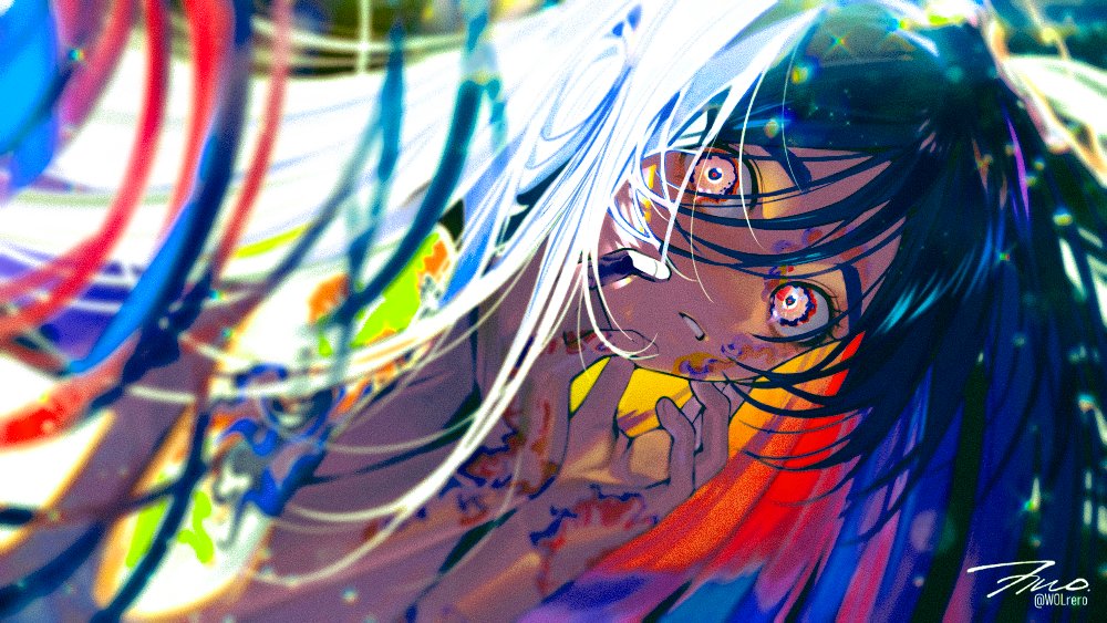 1girl blue_hair blurry body_markings bokeh depth_of_field expressionless facial_mark flat_chest floating_hair light long_hair looking_at_viewer multicolored_hair nude original parted_lips red_hair solo upper_body very_long_hair wolrero