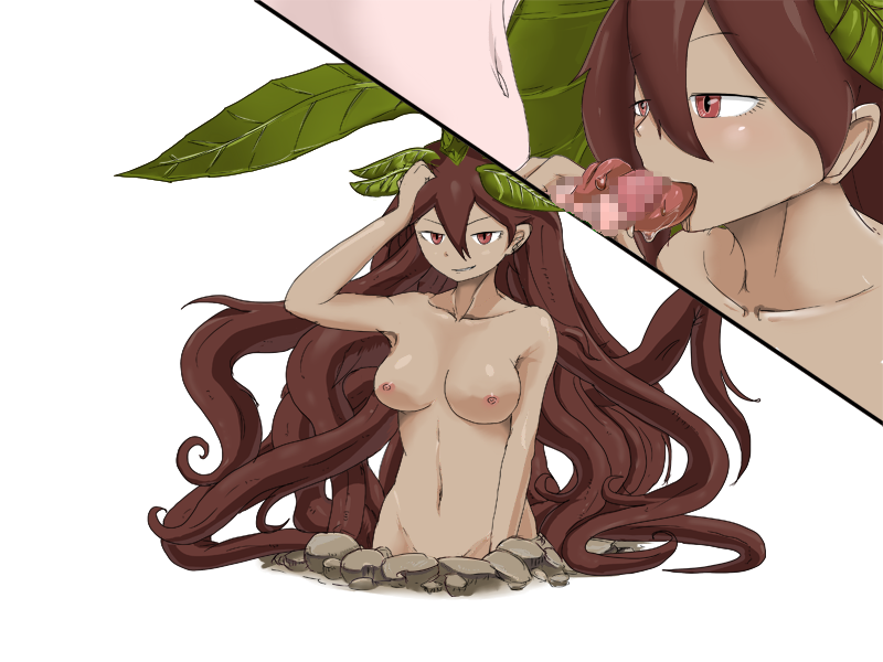 1boy 1girl blush bmp-to-png_conversion breasts brown_eyes brown_hair burrowing censored collarbone completely_nude convenient_censoring cut-in dark-skinned_female dark_skin dirt erection fellatio game_cg grin hair_between_eyes hair_ornament hand_on_own_head hand_up hetero large_breasts leaf leaf_hair_ornament leaf_on_head licking licking_penis long_hair long_tongue looking_at_viewer luka_(mon-musu_quest!) mon-musu_quest! monster_girl mosaic_censoring navel nipples non-web_source nude oral penis plant_hair ragora_(mon-musu_quest!) roots saliva setouchi_(blackse) simple_background smile solo_focus tongue transparent_background upper_body v-shaped_eyebrows very_long_hair
