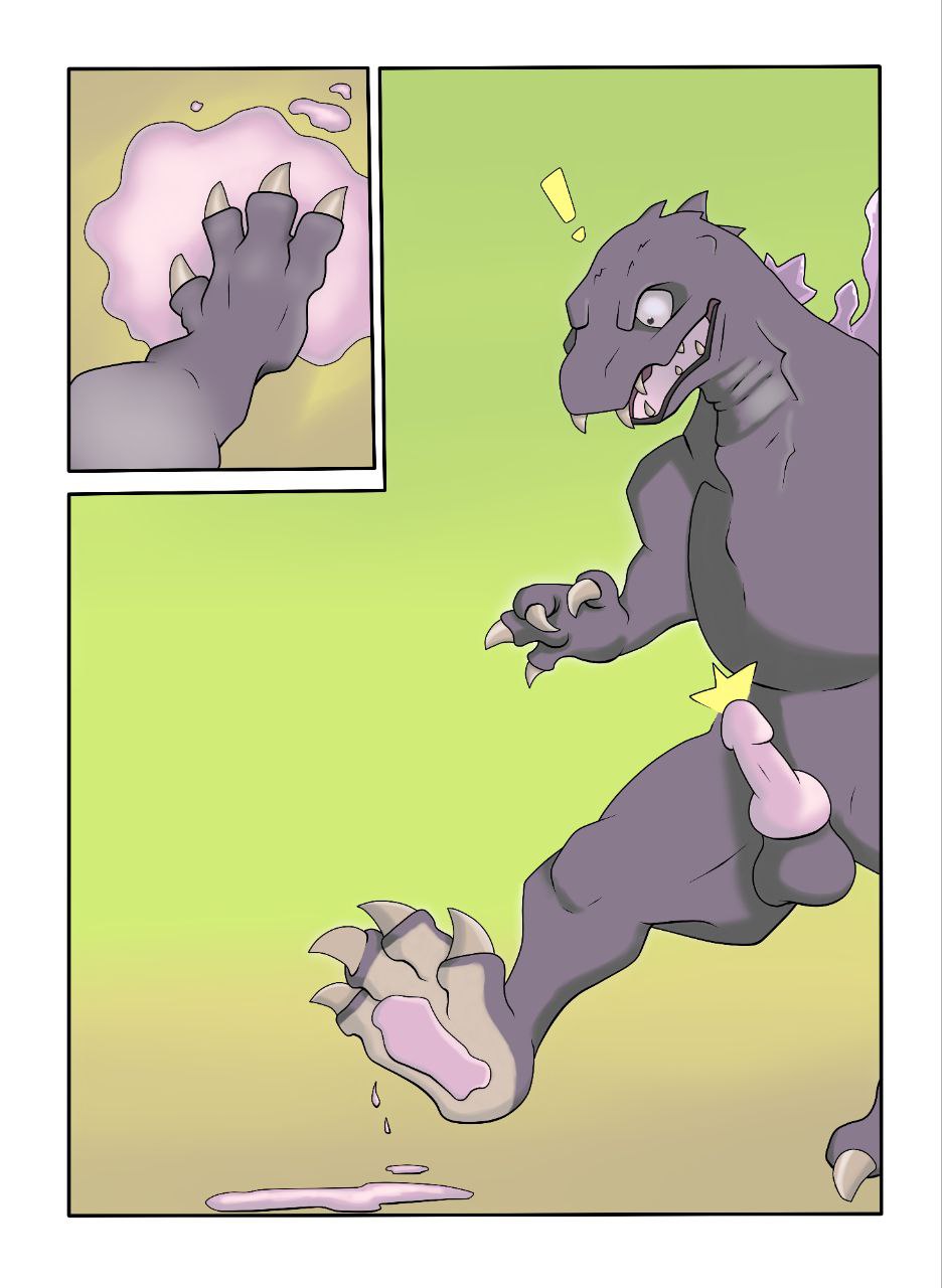 2022 4_fingers 4_toes anthro balls beach black_eyes brown_balls claws comic erection exclamation_point feet feral fingers genitals godzilla godzilla_(series) gradient_background grey_body grey_feet grey_hands grey_scales grey_soles hi_res kaiju lemmygetton male open_mouth orange_sclera palms penis pink_penis pink_tongue pupils sand scales sharp_teeth shocked_expression simple_background slime solo spikes spikes_(anatomy) story story_at_source story_in_description teeth toe_claws toes toho tongue two_frame_image two_frame_sequence white_claws