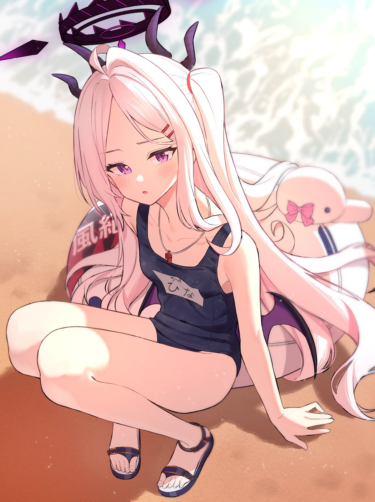 1girl akashi_rokurou bare_arms bare_legs bare_shoulders beach black_horns black_one-piece_swimsuit blue_archive blush breasts collarbone demon_horns highres hina_(blue_archive) hina_(swimsuit)_(blue_archive) horns innertube long_hair looking_at_viewer name_tag ocean official_alternate_costume one-piece_swimsuit open_mouth outdoors purple_eyes sandals school_swimsuit small_breasts solo squatting swim_ring swimsuit toes very_long_hair whistle whistle_around_neck white_hair