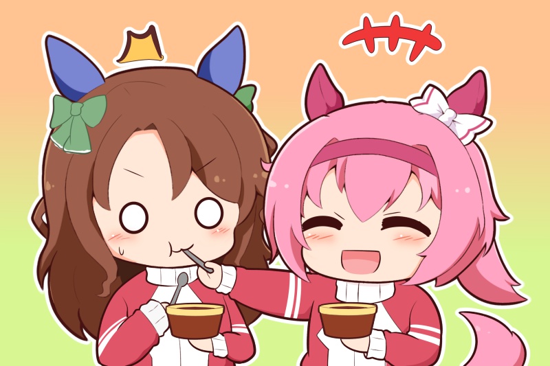 +++ 2girls :d ^^^ ^_^ blush_stickers bow brown_background brown_hair chibi closed_eyes cup disposable_cup ear_bow feeding gomashio_(goma_feet) gradient_background green_background green_bow hair_bow hairband haru_urara_(umamusume) holding holding_cup holding_spoon jacket king_halo_(umamusume) long_sleeves multiple_girls o_o parted_bangs pink_hair ponytail purple_hairband red_jacket smile spoon surprised sweat track_jacket umamusume utensil_in_mouth v-shaped_eyebrows white_bow