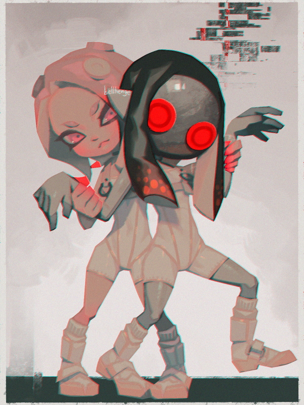 2girls :&lt; agent_8_(splatoon) arm_up artist_name bellhenge black_hair bodysuit boots border closed_mouth colored_skin english_commentary full_body glitch grey_hair grey_skin holding_another's_wrist jelleton kneehighs long_hair looking_at_another mask multicolored_hair multiple_girls octoling octoling_girl octoling_player_character parallel_canon pink_eyes pointy_ears red_eyes red_hair sleeveless sleeveless_bodysuit socks splatoon_(series) splatoon_3 splatoon_3:_side_order standing standing_on_one_leg suction_cups tentacle_hair two-tone_hair white_bodysuit white_border white_footwear white_socks