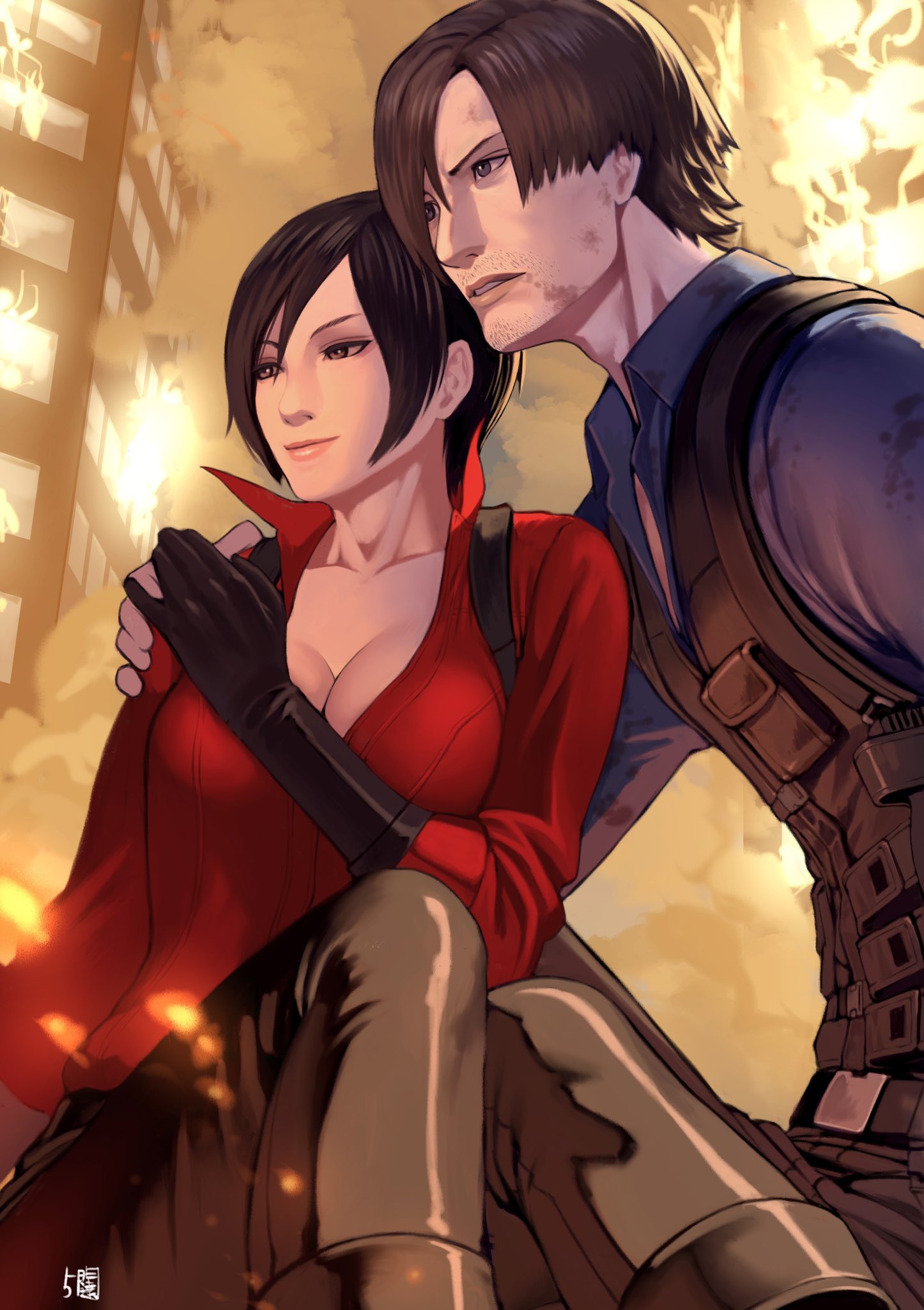 1boy 1girl 5tatsu ada_wong arm_around_shoulder black_footwear black_gloves black_hair black_pants blue_shirt breasts brown_hair bulletproof_vest cleavage closed_mouth collared_shirt dirty dirty_clothes dirty_face fire furrowed_brow gloves grey_eyes hair_between_eyes hand_on_another's_shoulder hetero highres holding_hands large_breasts leon_s._kennedy light_smile long_sleeves pants parted_bangs parted_lips red_shirt resident_evil resident_evil_6 shirt short_hair signature sitting upper_body
