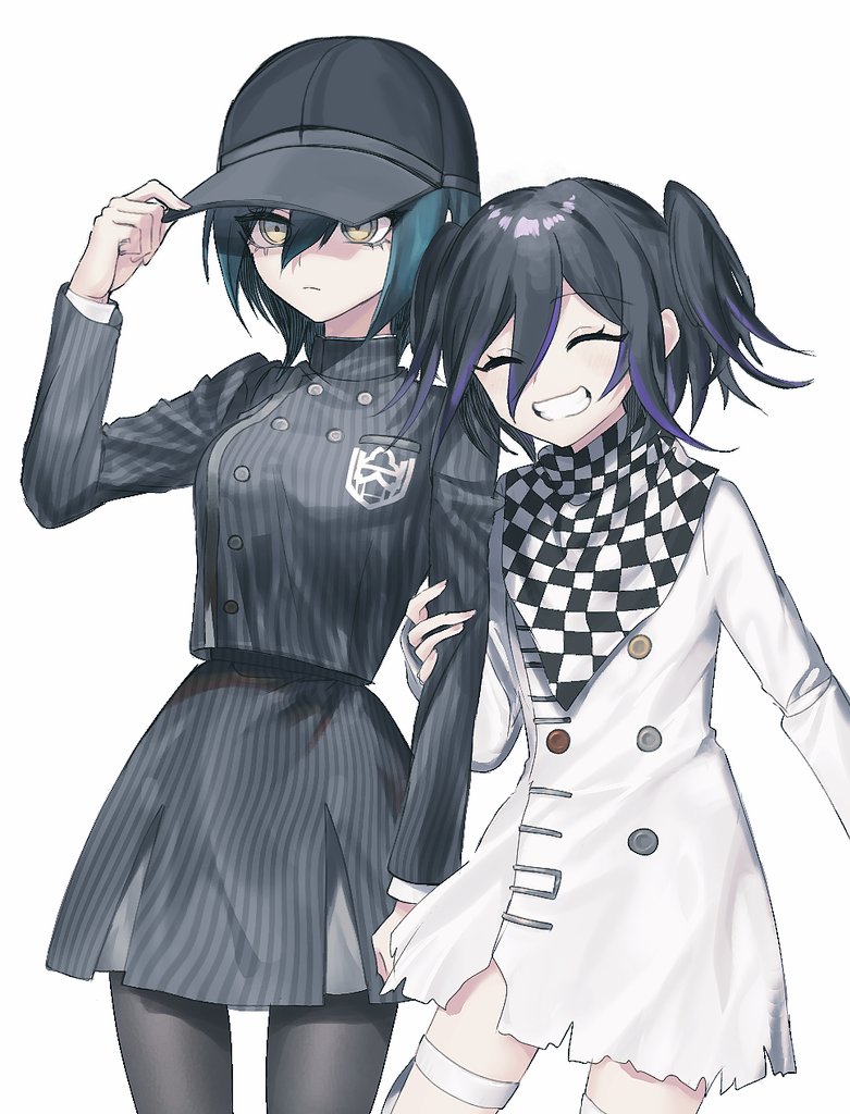 2girls black_hair black_hat black_pantyhose black_skirt checkered_neckerchief closed_eyes cowboy_shot danganronpa_(series) danganronpa_v3:_killing_harmony genderswap genderswap_(mtf) grin hand_up jacket long_sleeves medium_hair multicolored_hair multiple_girls neckerchief oma_kokichi pantyhose purple_hair saihara_shuichi short_hair simple_background skirt smile striped_clothes striped_jacket striped_skirt teeth teruha_kurumi two-tone_hair white_background white_jacket