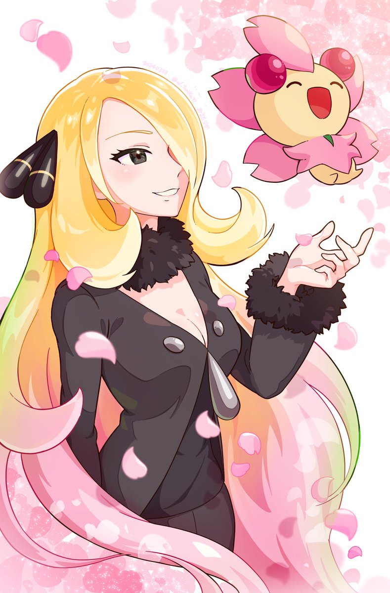 1girl arutarika_(ri_kaoekaki) black_coat black_eyes black_pants black_shirt blonde_hair breasts cherrim cherrim_(sunshine) cleavage coat cynthia_(pokemon) hair_ornament hair_over_one_eye highres long_hair long_sleeves looking_at_another pants pink_petals pokemon pokemon_(creature) pokemon_dppt shirt smile very_long_hair