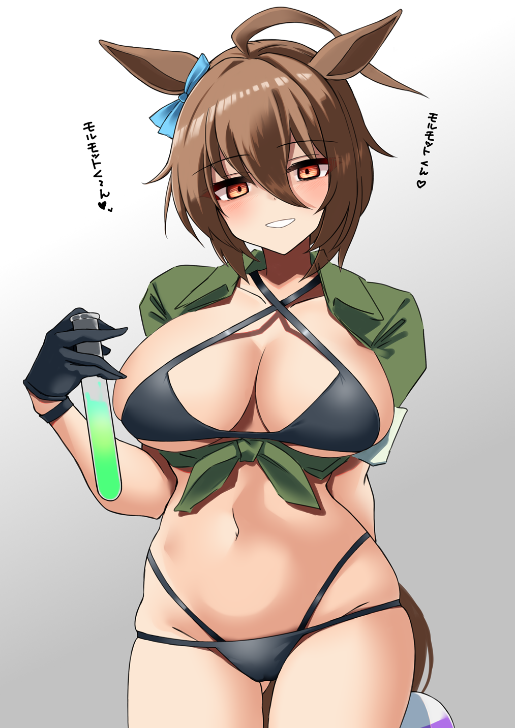 1girl agnes_tachyon_(lunatic_lab)_(umamusume) agnes_tachyon_(umamusume) ahoge animal_ears bikini black_bikini blush breasts brown_hair cleavage commentary_request cowboy_shot criss-cross_halter ear_ornament green_jacket grin hair_between_eyes halterneck highres holding holding_test_tube horse_ears horse_girl horse_tail jacket komb large_breasts navel official_alternate_costume official_alternate_hairstyle red_eyes short_ponytail shorts sitting sketch smile solo swimsuit tail test_tube thigh_strap tied_jacket umamusume