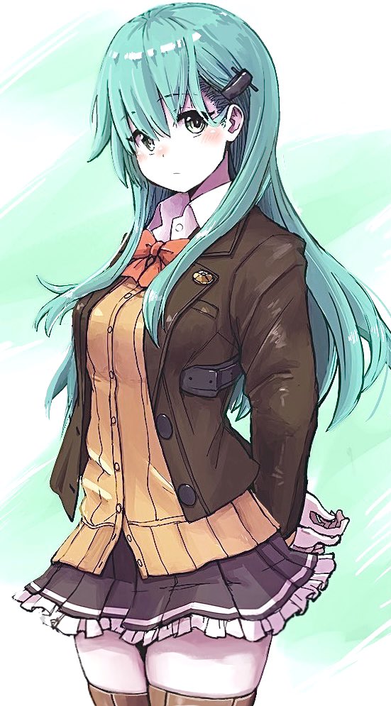 1girl aqua_eyes aqua_hair blazer blush bow bowtie breasts brown_jacket brown_skirt brown_thighhighs cardigan frilled_skirt frills gradient_background green_background green_eyes hair_ornament hairclip jacket kantai_collection long_hair looking_at_viewer open_cardigan open_clothes orange_bow orange_bowtie pleated_skirt red_bow red_bowtie school_uniform shirt skirt smile solo suzuya_(kancolle) suzuya_kai_ni_(kancolle) thighhighs unagiman white_shirt