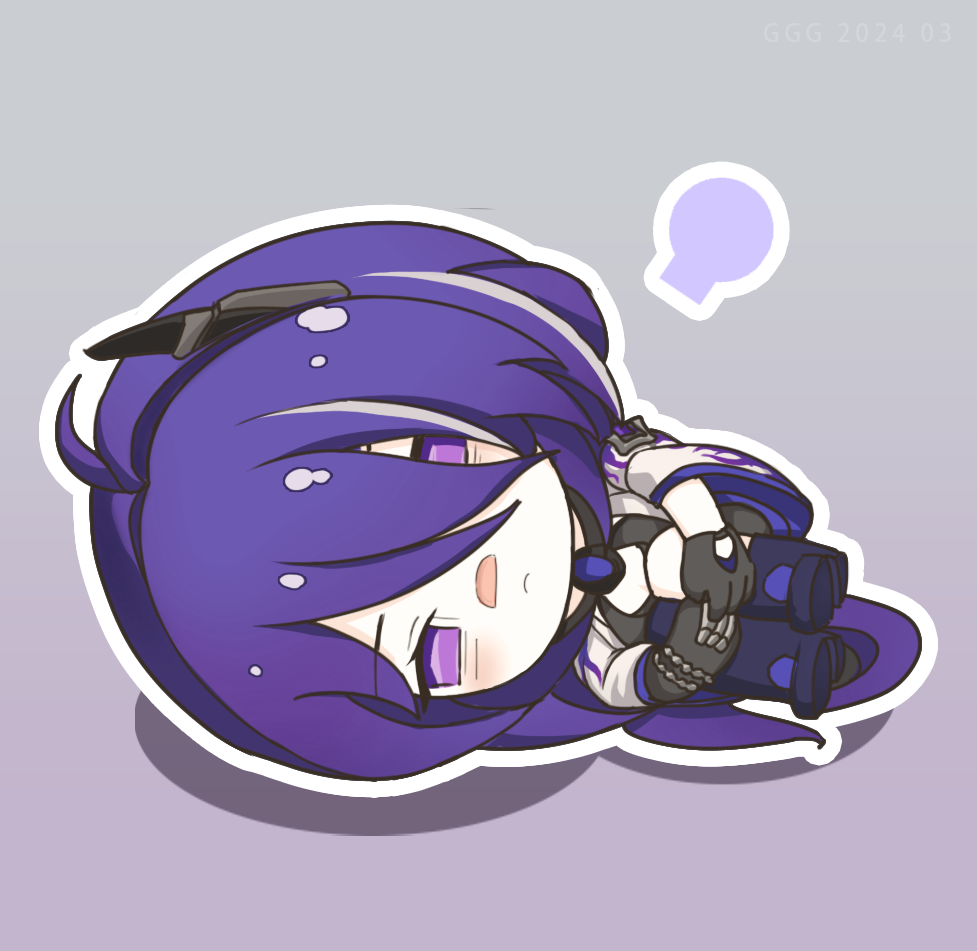 1girl acheron_(honkai:_star_rail) asymmetrical_legwear black_choker black_gloves chibi choker detached_sleeves empty_eyes fetal_position gloves hair_over_one_eye honkai:_star_rail honkai_(series) invinciblew-ggg long_hair lying multicolored_hair on_side purple_eyes purple_hair simple_background single_bare_shoulder solo streaked_hair