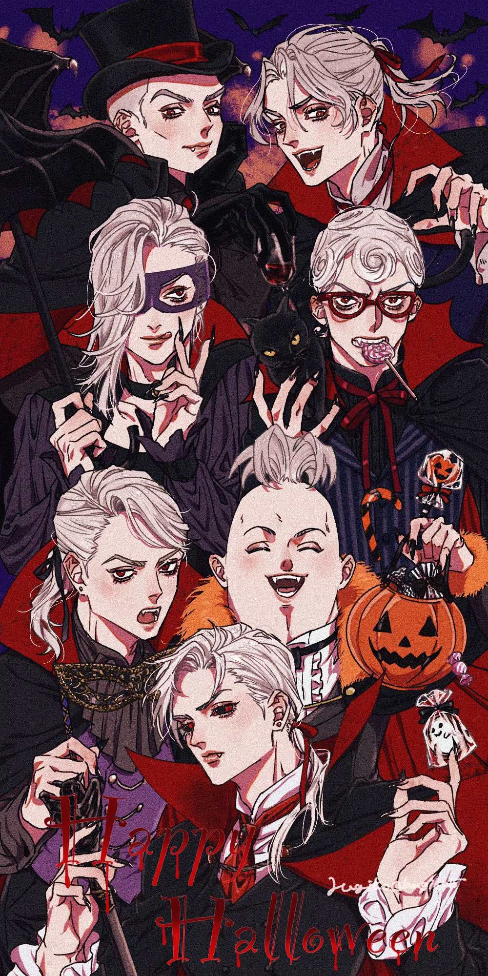 6+boys :q animal_on_shoulder artist_name ascot black_nails black_sclera candy cat colored_sclera eye_mask eyelashes fangs fingernails food formaggio fur_trim ghiaccio grey_hair hagiko15 hair_over_one_eye halloween_bucket happy_halloween hat high_collar highres holding holding_umbrella illuso jojo_no_kimyou_na_bouken lollipop long_fingernails long_hair long_sleeves male_focus mask masquerade_mask melone multiple_boys neck_ribbon pesci prosciutto red-framed_eyewear red_eyes red_ribbon ribbon risotto_nero shaved_head swirl_lollipop tongue tongue_out top_hat twitter_username umbrella vampire vento_aureo