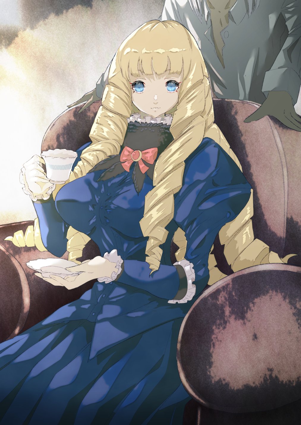 blonde_hair blue_dress blue_eyes bow breasts brooch buttons couch cup dianna_soreil dress drill_hair faceless faceless_male facing_viewer frills gundam highres holding holding_plate jacket jewelry long_hair long_skirt long_sleeves loran_cehack plate red_bow sakusakusakurai shirt sitting skirt tea turn_a_gundam unbuttoned unbuttoned_shirt white_shirt