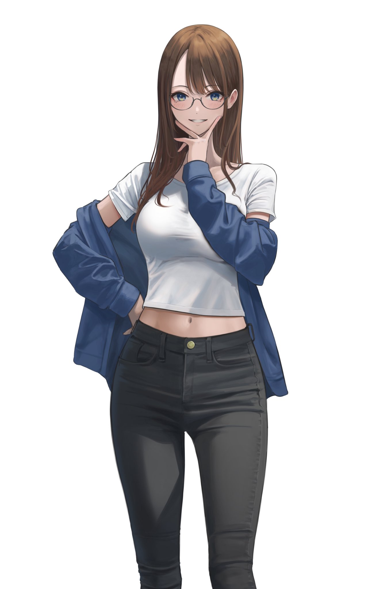 1girl black_pants blue_eyes blue_jacket brown_hair commentary_request glasses grin hand_on_own_hip highres jacket jacket_partially_removed long_hair long_sleeves looking_at_viewer midriff navel original pants semi-rimless_eyewear shirt short_sleeves simple_background smile solo standing t-shirt under-rim_eyewear white_background white_shirt yukimaru_ai