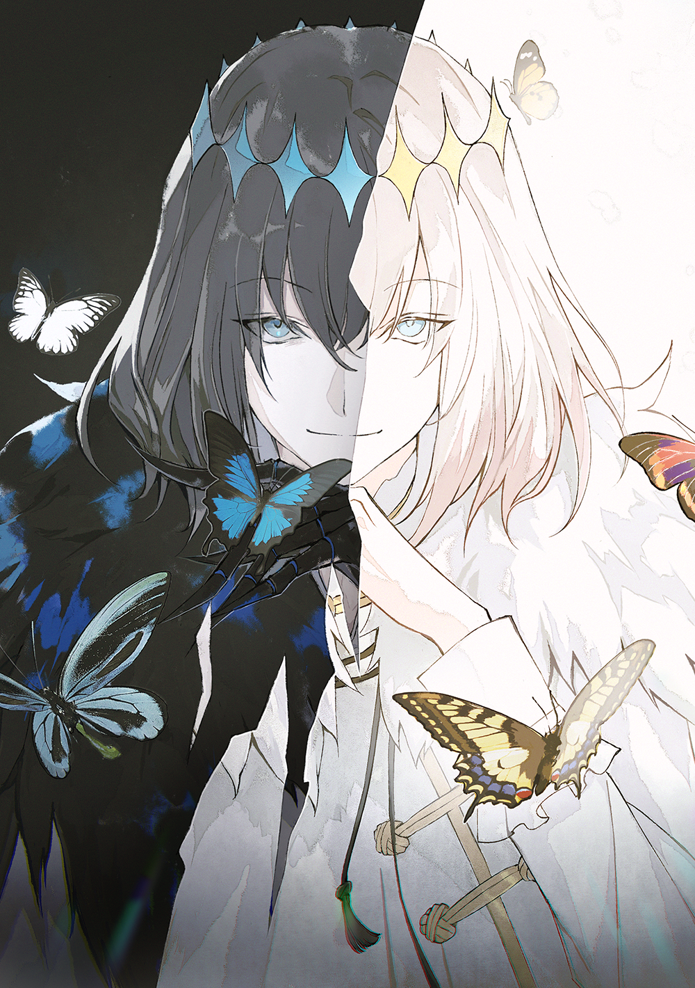 1boy arthropod_boy black_hair blue_cloak blue_eyes bug butterfly_wings cape cloak crown diamond_hairband dual_persona elaine-didaea fate/grand_order fate_(series) fur-trimmed_cape fur-trimmed_cloak fur_trim grey_hair highres insect_wings looking_at_viewer male_focus medium_hair moth no_wings oberon_(fate) oberon_(third_ascension)_(fate) official_alternate_hair_color shirt smile solo upper_body white_cloak white_shirt wing_cape wings