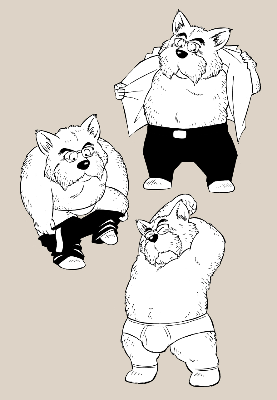 2024 anthro bottomwear bulge canid canine canis clothed clothing domestic_dog dragon_ball eyes_closed eyewear facial_hair gadoran glasses hi_res kemono king_furry male mammal mustache open_clothing open_shirt open_topwear pants shirt simple_background solo stretching topwear underwear undressing