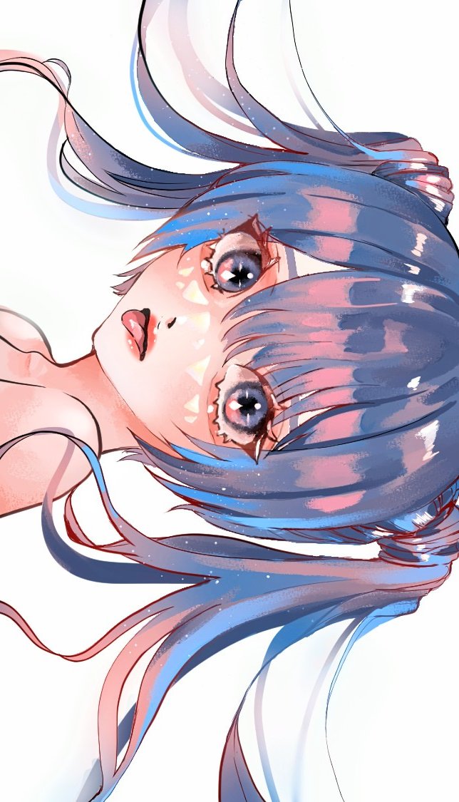 1girl bare_shoulders blue_eyes blue_hair blue_theme eyelashes from_side hatsune_miku light_particles lipstick long_hair looking_at_viewer looking_to_the_side makeup portrait red_lips sideways sk066703 solo tongue tongue_out vocaloid white_background