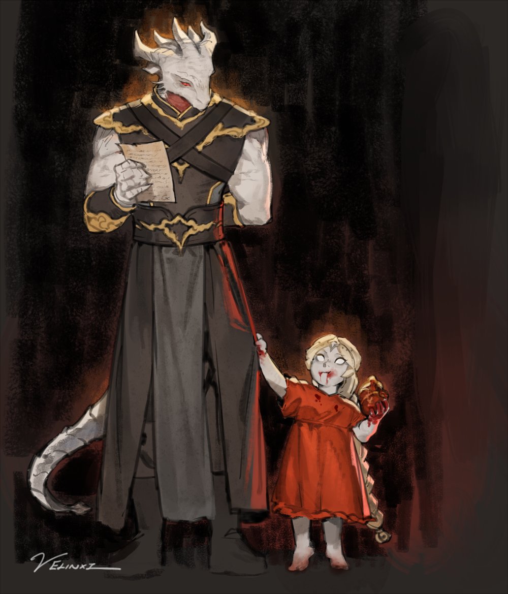 1boy 1girl aged_down arm_behind_back arm_up artist_name baldur's_gate baldur's_gate_3 barefoot black_footwear black_robe blank_eyes blonde_hair blood blood_on_clothes blood_on_face blood_on_hands boots brother_and_sister brown_background cannibalism chest_harness chewing child clothes_grab colored_skin commentary dragon_boy dragon_horns dragon_tail dress dungeons_&amp;_dragons eating english_commentary full_body furry furry_male grey_skin harness heart_(organ) height_difference holding holding_heart_(organ) holding_paper horns long_hair looking_at_another low-braided_long_hair low-tied_long_hair multiple_horns orin_the_red paper red_dress red_eyes robe scales short_sleeves siblings signature slit_pupils standing tail the_dark_urge_(baldur's_gate) toddler velinxi