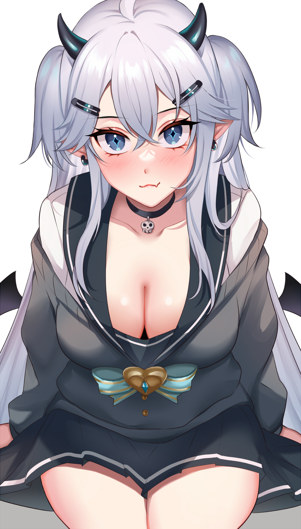 1girl black_choker black_horns black_sailor_collar black_skirt black_wings blue_bow blush bow breasts choker closed_mouth collarbone crossed_bangs earrings fang grey_eyes grey_hair grey_sweater hair_between_eyes hair_ornament hairclip highres hioka_h horns indie_virtual_youtuber jewelry large_breasts long_hair miniskirt pointy_ears sailor_collar shirt sitting skin_fang skirt skull_choker solo sweater thighs two_side_up vei_(vtuber) vei_(vtuber)_(11th_costume) virtual_youtuber white_shirt wings