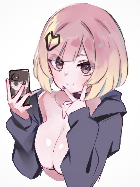 1girl black_eyes black_hair black_jacket breasts breasts_squeezed_together cellphone choker cleavage closed_mouth cropped_torso gradient_hair holding holding_phone jacket long_sleeves looking_at_viewer medium_breasts multicolored_hair no_bra no_shirt open_clothes open_jacket original phone pink_hair sakura_akami short_hair simple_background smile solo split_mouth upper_body v_over_mouth white_background