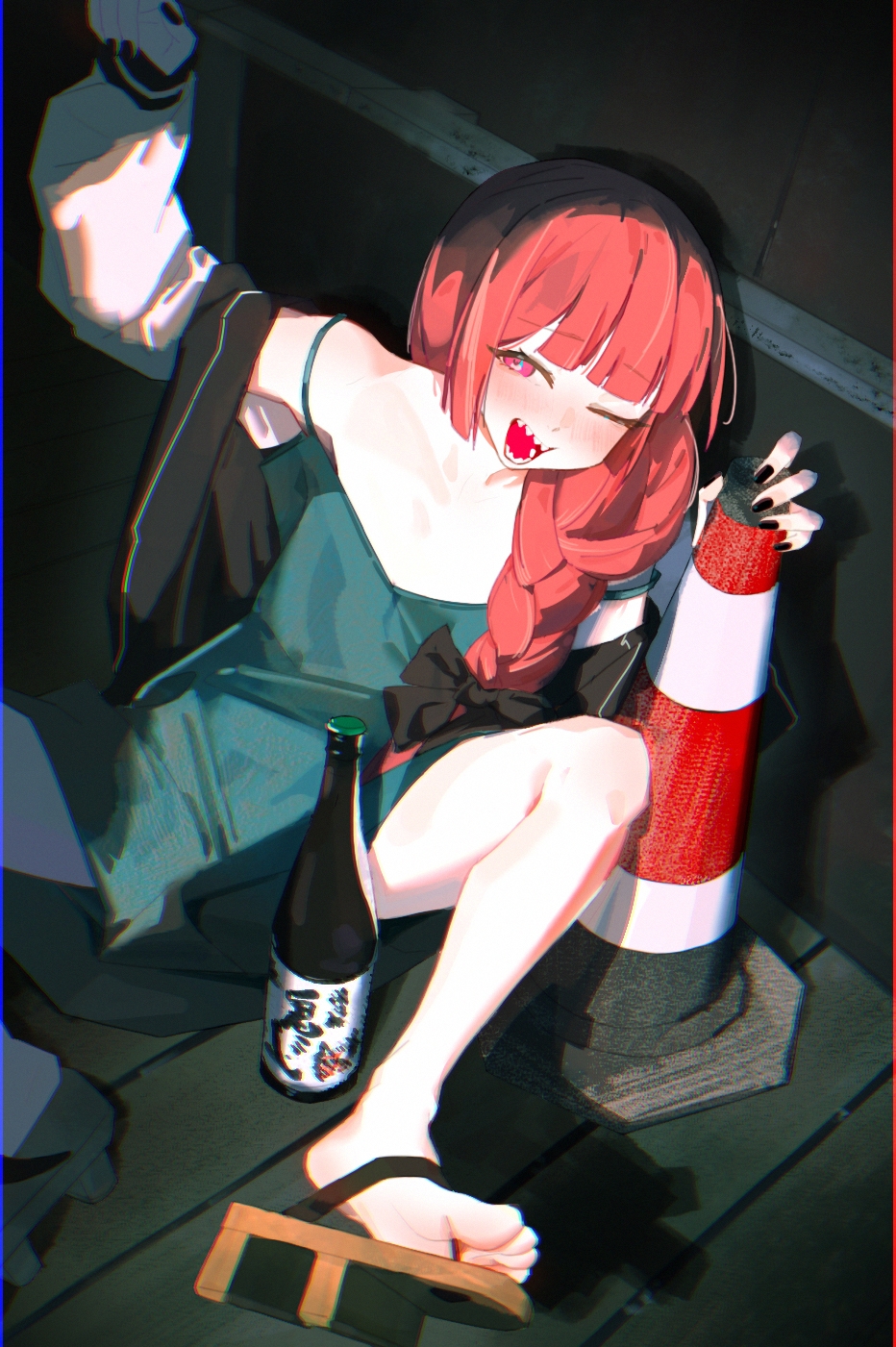 1girl ;d bare_shoulders black_nails blunt_bangs blush bocchi_the_rock! bottle braid dress flat_chest geta green_dress highres hiroi_kikuri jacket long_hair looking_at_viewer one_eye_closed red_eyes red_hair sandals sexmiss sharp_teeth sitting smile solo spread_legs teeth traffic_cone